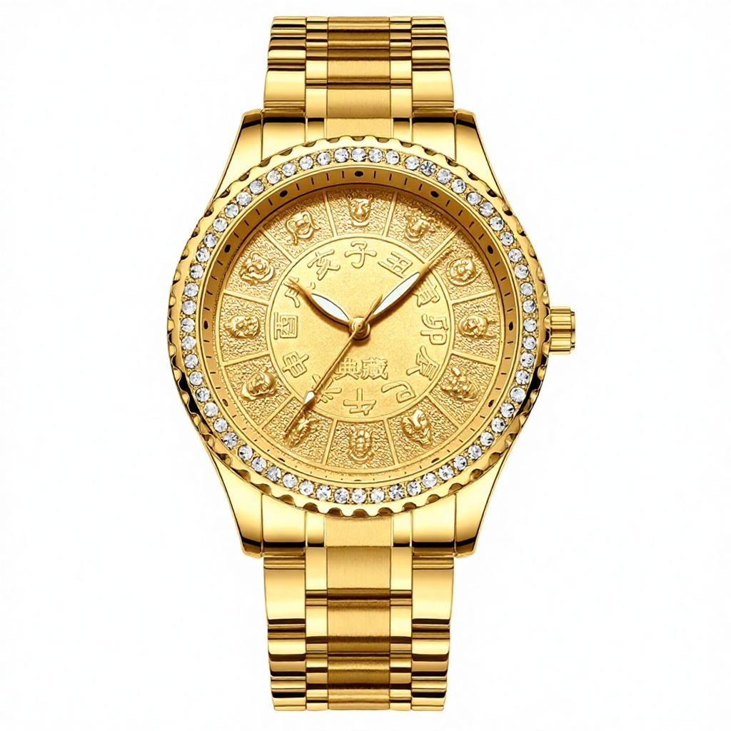 Fngeen S777 Male Luminous Quartz Watch Gold Plated Diamond Dial China Zodiac Men's Gift Watch Waterproof Clock Golden Watches