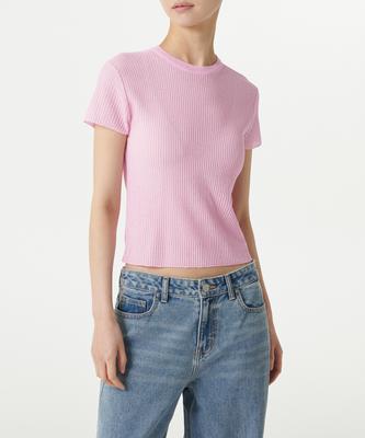 MUSINSA STANDARD WOMAN Женский прозрачный фактурный короткий вязаный топ с круглым вырезом [Светло-розовый]