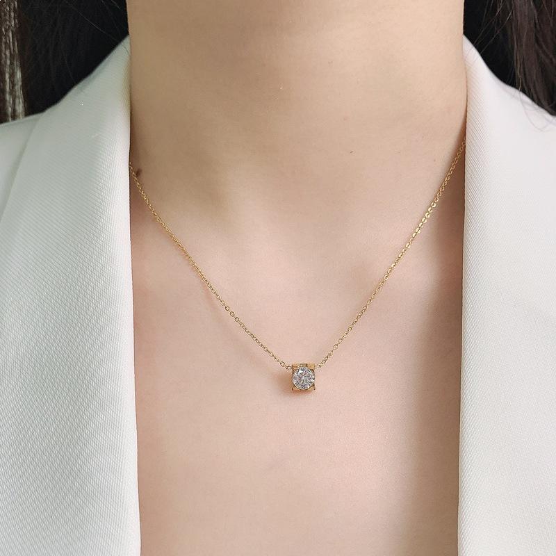 Elegant Gold Titanium Steel Zircon Pendant Necklace for Women - Simple, Shiny, No-Fade Clavicle Chain