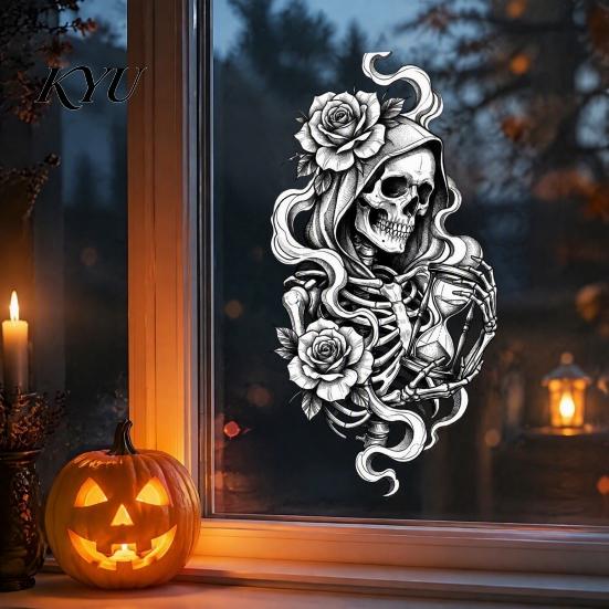 Adhesive Free Window Sticker Halloween Skeleton And Rose Static Clings, Removable Sketch Skull & Retro Pattern Glass Film Flower Sticker, Waterproof