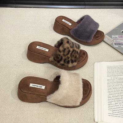 Ретро леопардовый принт квадратная голова пушистые тапочки женские осенне-зимние новые темпераментные пушистые ленивые однословные хлопковые мопы