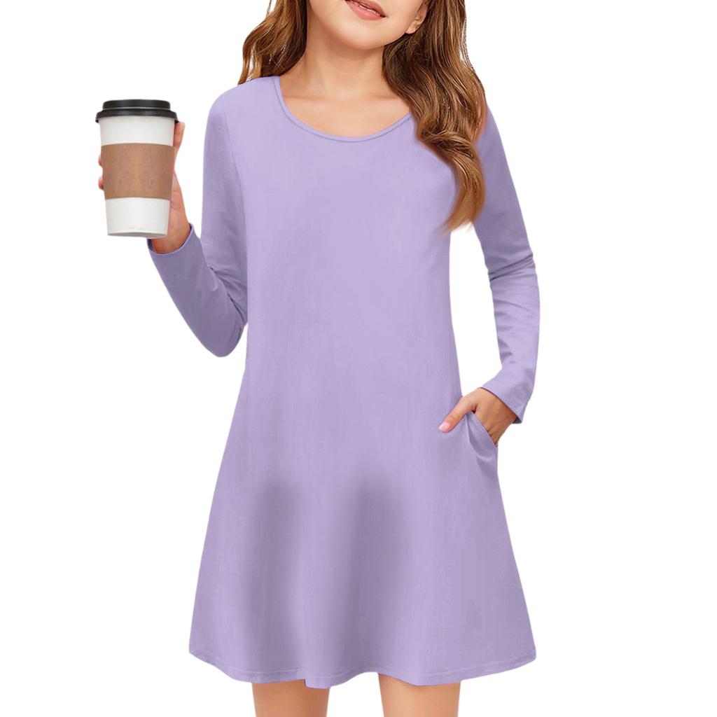 Girls' Long Sleeve Dress - Solid Color Pocket Dress
