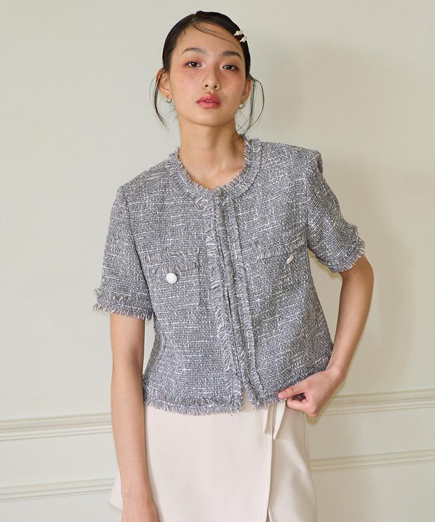 Salon De Yohn Tassel Tweed Short Sleeve Jacket_ Gray