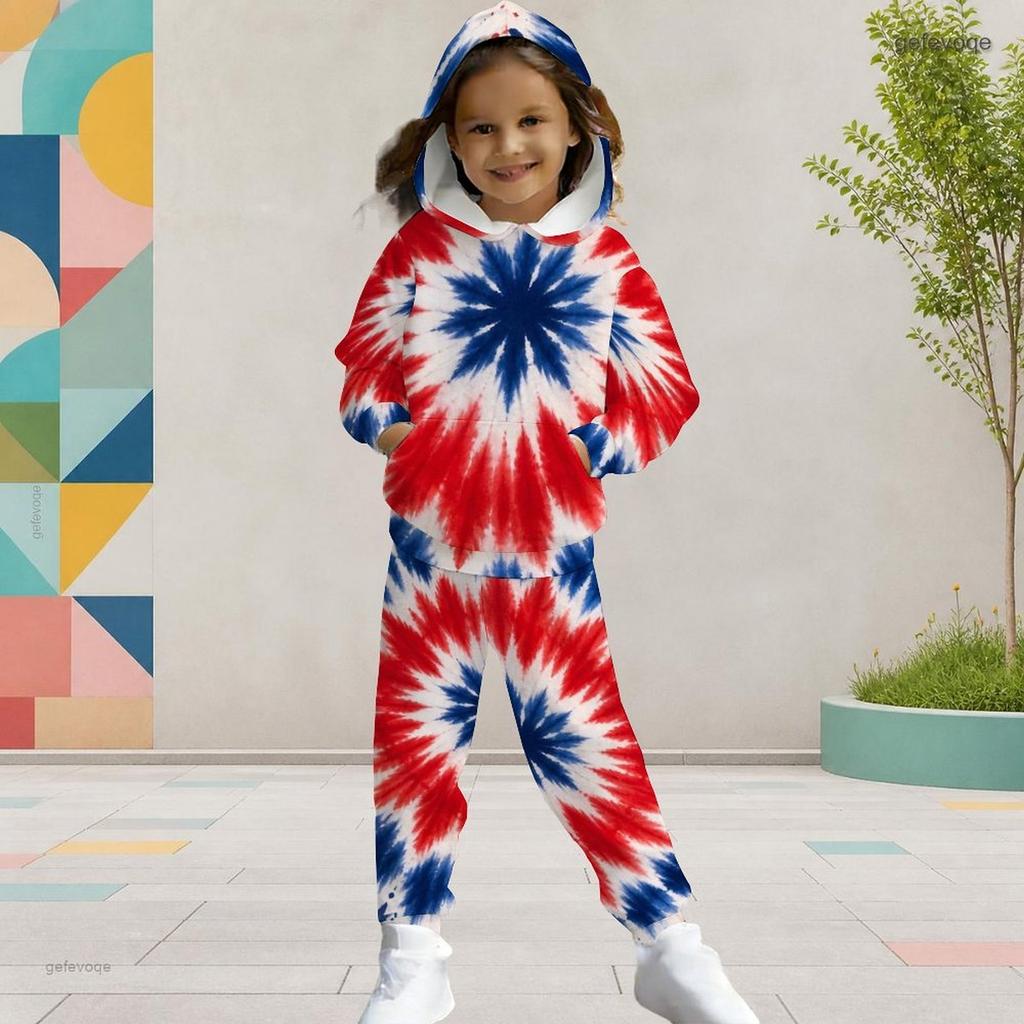 Girls Navy Blue Printed Hooded Long Sleeve Kangaroo Pocket Top Cuffed Pants Two Piece Outfit