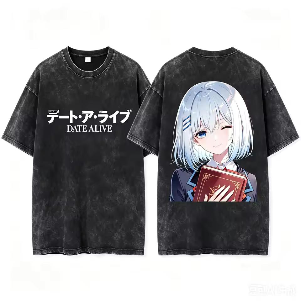 Tobiichi Origami Date A Live Book Holding Wink Back Print Washed Crew Neck Short Sleeve Comfortable T shirt