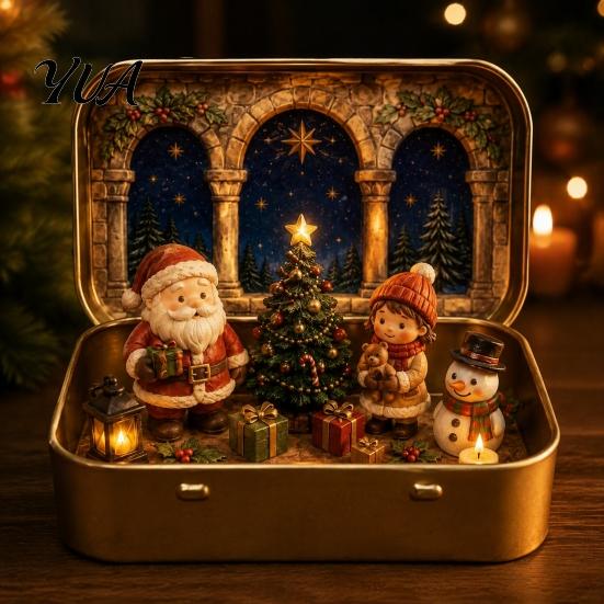 Tiered Scene Decoration Mini Christmas Set in A Tin Box, Pocket Size Holiday Small Tabletop Decor Box with Miniature Figures, Collectible for