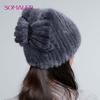 Women Knitted Mink Fur Hat for Winter Female Real Mink Fur Warm Cap Fashion Bowknot Fur Cap
