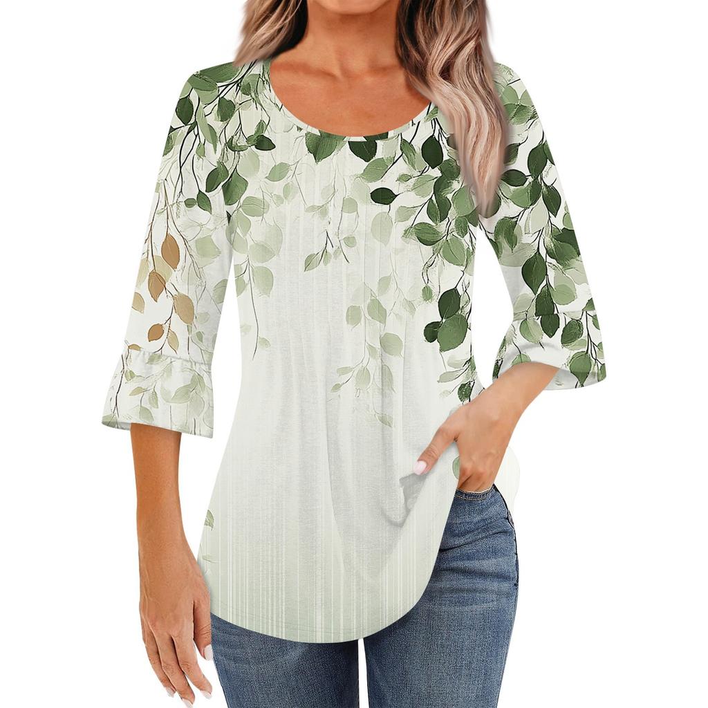 Женская модная повседневная плиссированная футболка с круглым вырезом и цветочным принтом, рукав три четверти