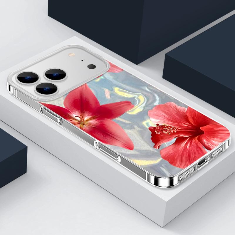 Slim Red Lily Flower Pattern Phone Case For iPhone 17 Air 16e 16 15 14 Pro Max 13 17 Pro Max Shockproof TPU Hybrid Hard PC Phone Cover