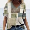Vintage Plaid Print Women's T-shirt Hot Blouse Summer V-Neck Casual Short Sleeve Tees Female Oversized Tops Daily Clothing
