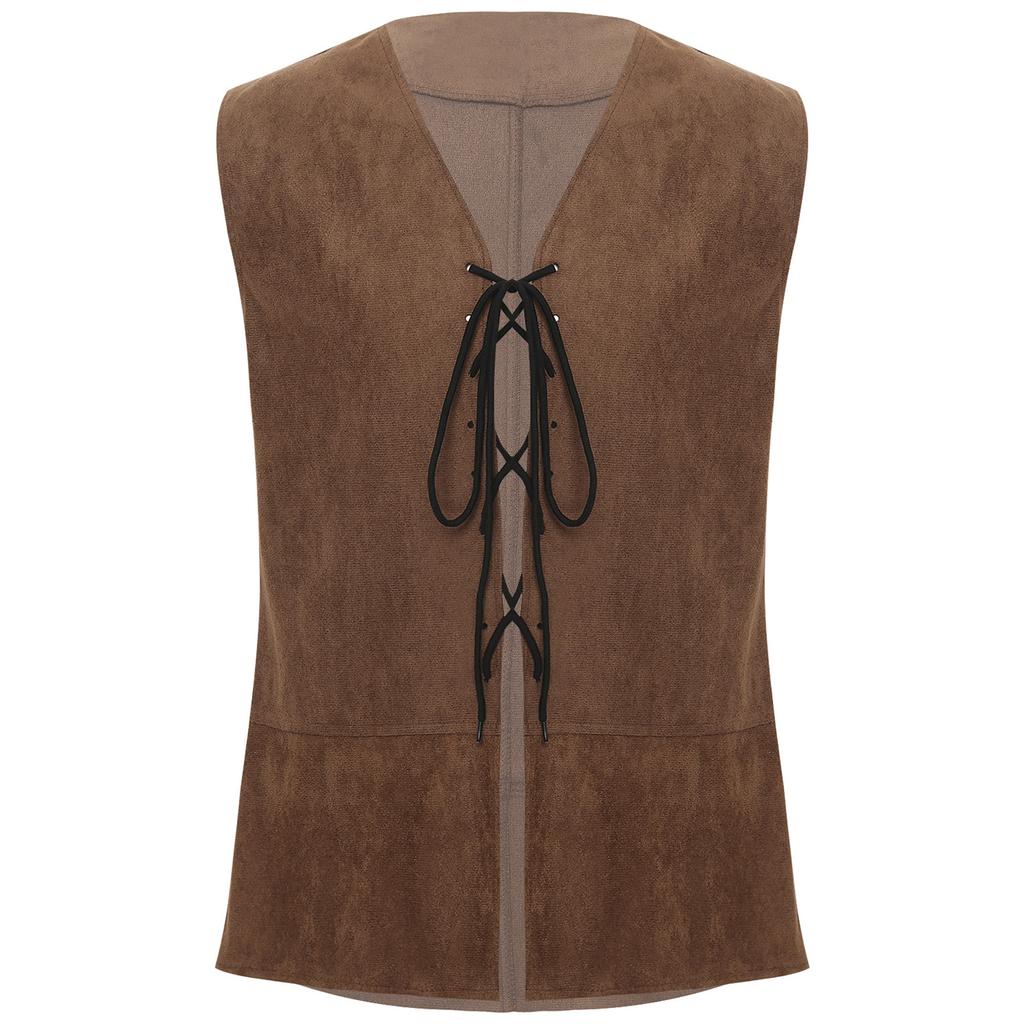 Mens Pirate Cowboy Vest Lace Up Front Solid Color Waistcoat Medieval Cosplay Halloween Costume