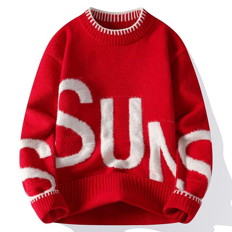 Mens Knitted Sweater With Jacquard Letter Loose Fit Long Sleeve Casual Top Teens Winter Wear