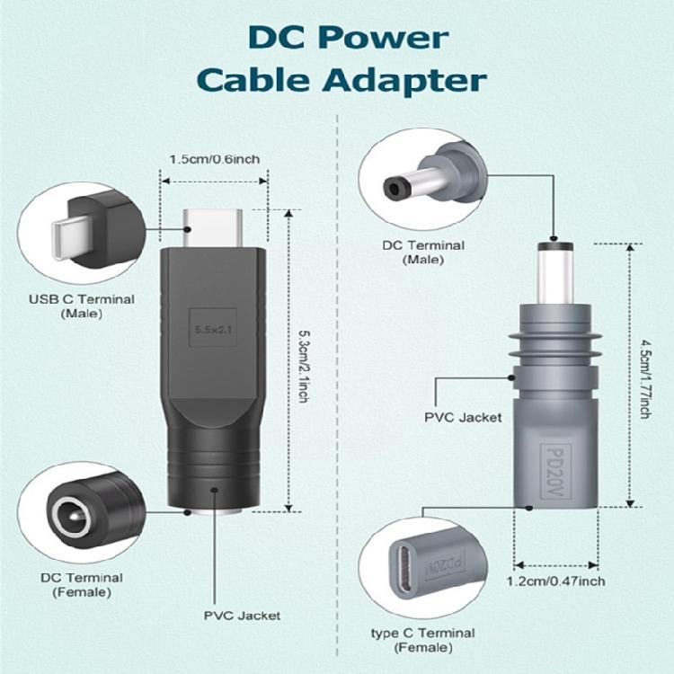 DC5521 Power Cable Adapter USB C Male to 5.5x2.1mm Converter 20V Input for 100W Power Source for Mini