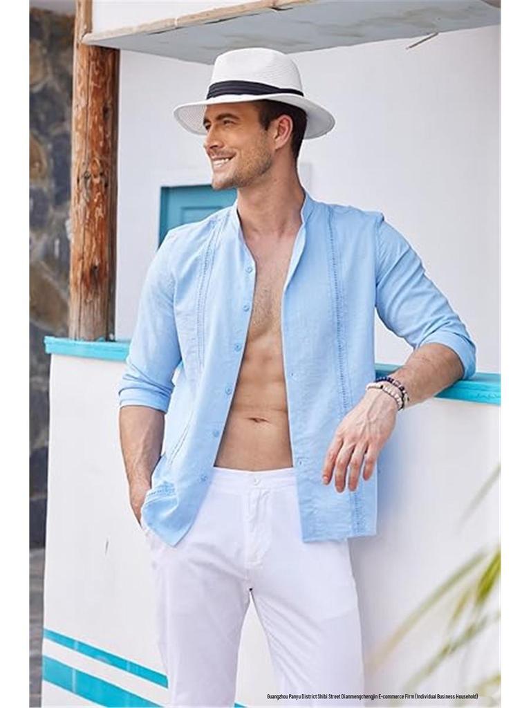 Men's Casual Cotton Linen Stand Collar Shirt - European & American Style for Summer Beach Vacation 2026