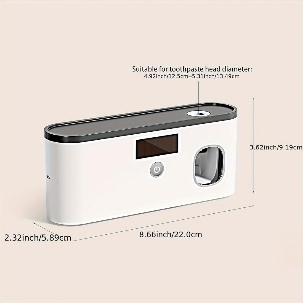 Умный стерилизатор для зубных щеток с автоматическим дозатором зубной пасты — настенное крепление, 5 отсеков для хранения, прочный пластик, перезаряжаемая батарея через USB.
