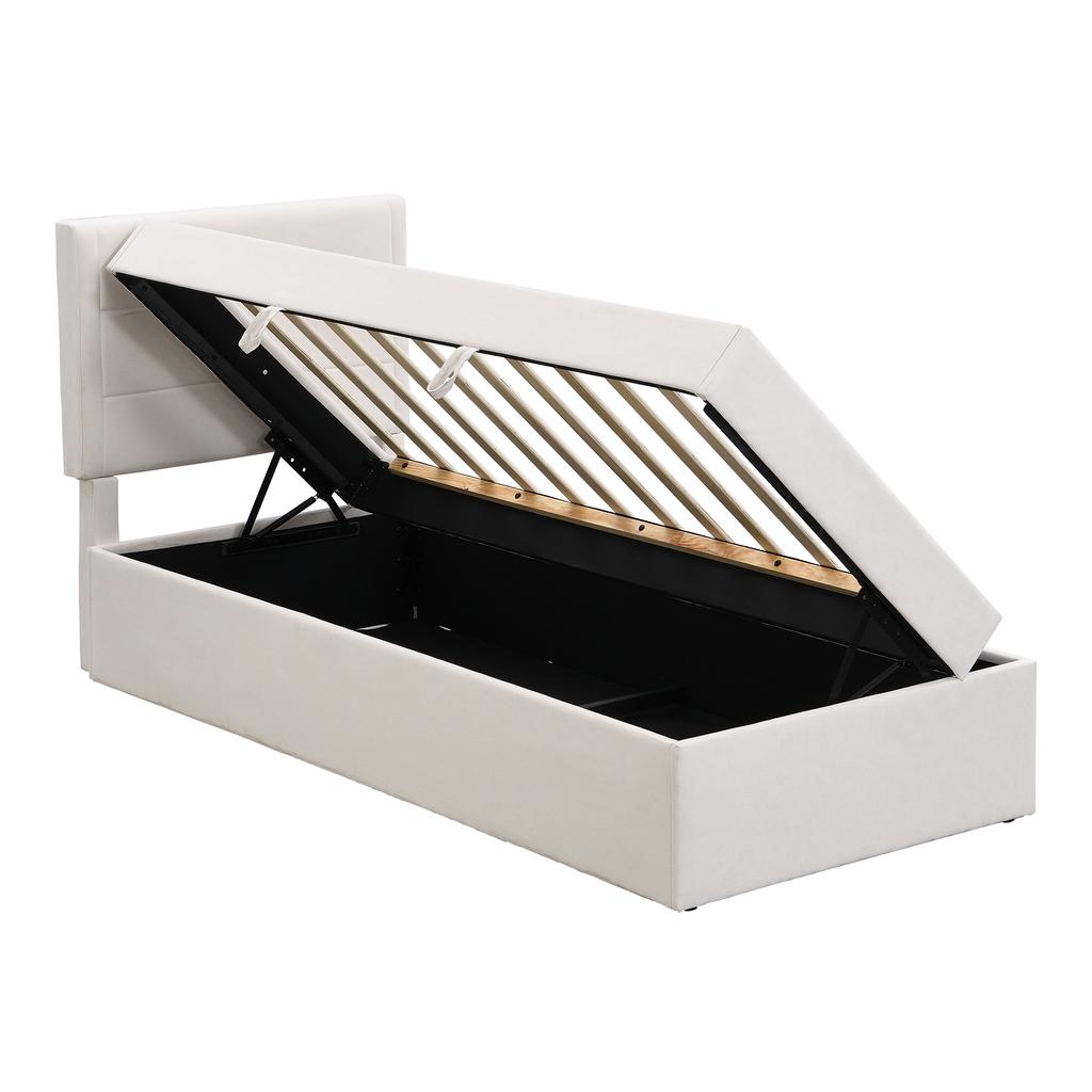 Upholstered Bed, 90 x 200, Single Bed with Slatted Frame made of Metal Frame, Large Storage Space, Without Mattress, Beige, 200x90cm.