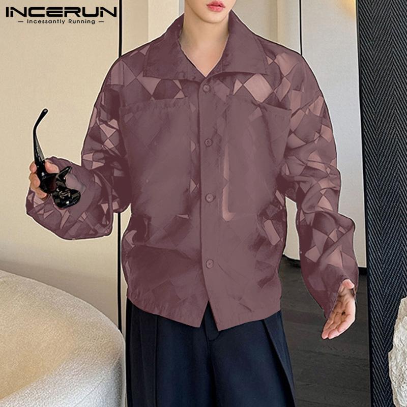 INCERUN Мужские рубашки с длинным рукавом в клетку с лацканами, прозрачные топы для вечеринок