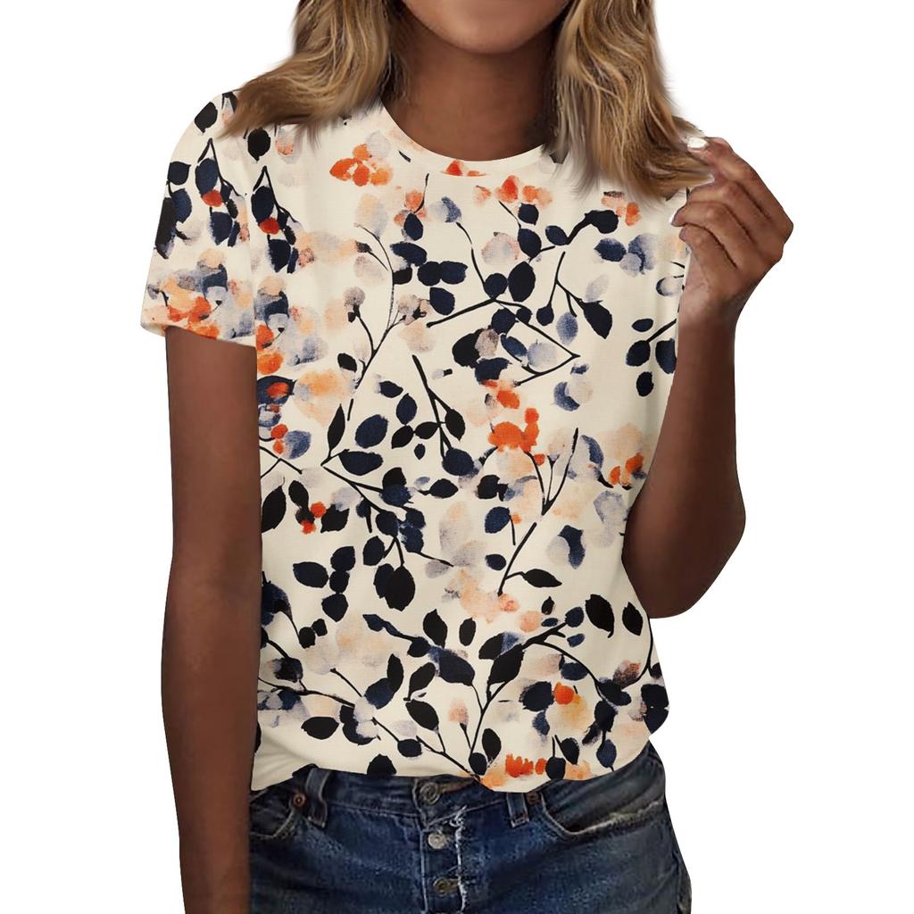 Women's Fashion Casual Printed Round Neck Short Sleeved T-Shirt Top T-Shirt Top Top