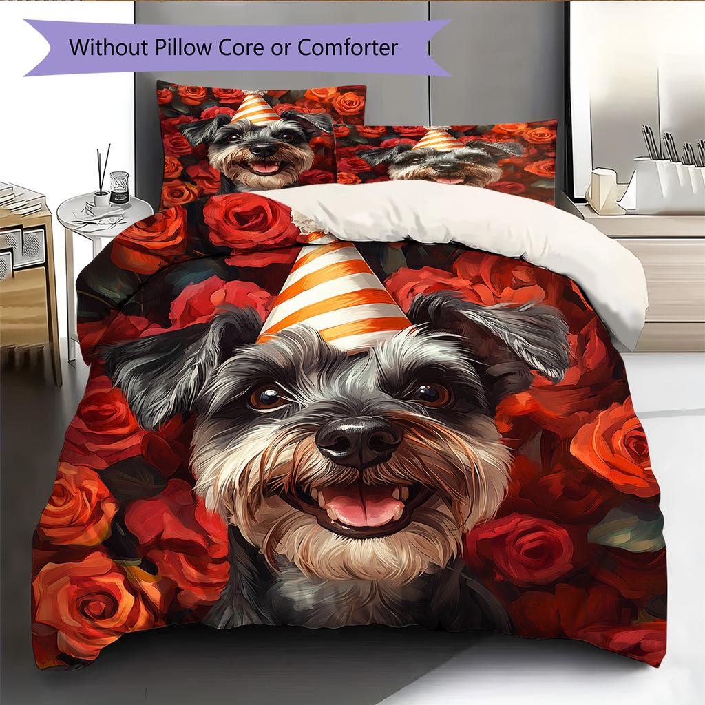 Dog with Birthday Hat Pattern Bedding Quilt Set  Home Decoration  Gift (1 * duvet cover + 2 * pillowcase  without core)