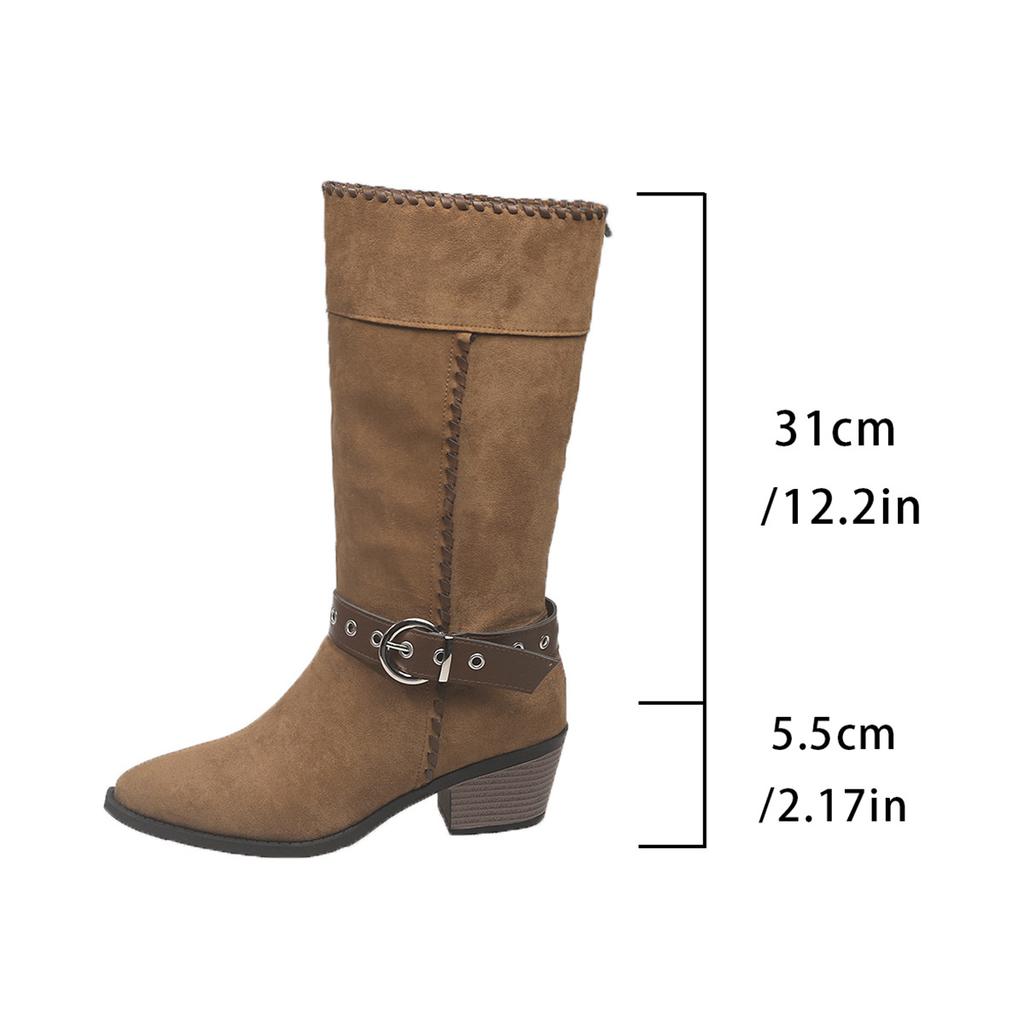 Модная пряжка ремня Высокий каблук Западные полусапоги Женские 2025 Осень Зима Замшевые Винтажные Рыцарские сапоги Размер 35-42 Bottes Femmes Черный