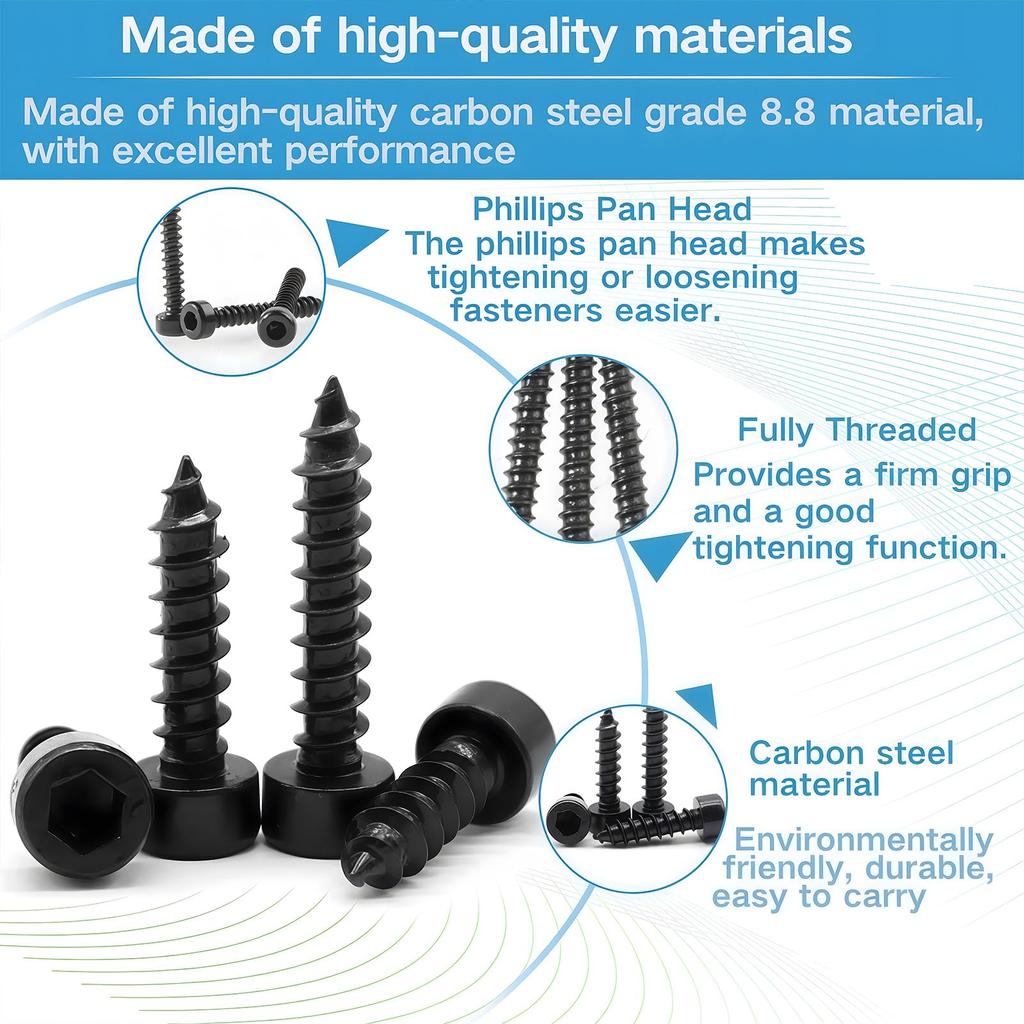 Zmbroll 220 шт. M4 Винты с шестигранной головкой под торцевой ключ, класс прочности, черная углеродистая сталь, шестигранный шлиц, для листового металла, по дереву, с ключом, самонарезающие винты,