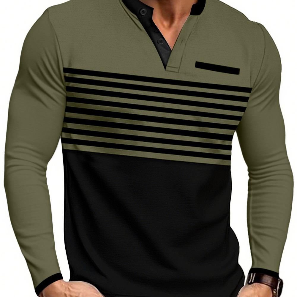 European and American summer new men's long-sleeved V-neck contrasting color striped slim-fit business casual t-shirt
