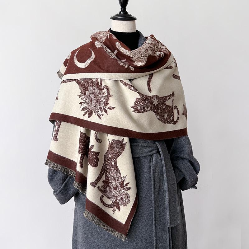 Autumn/Winter Double-Sided Imitation Cashmere Scarf with Cat Silhouette and Starry Sky Design