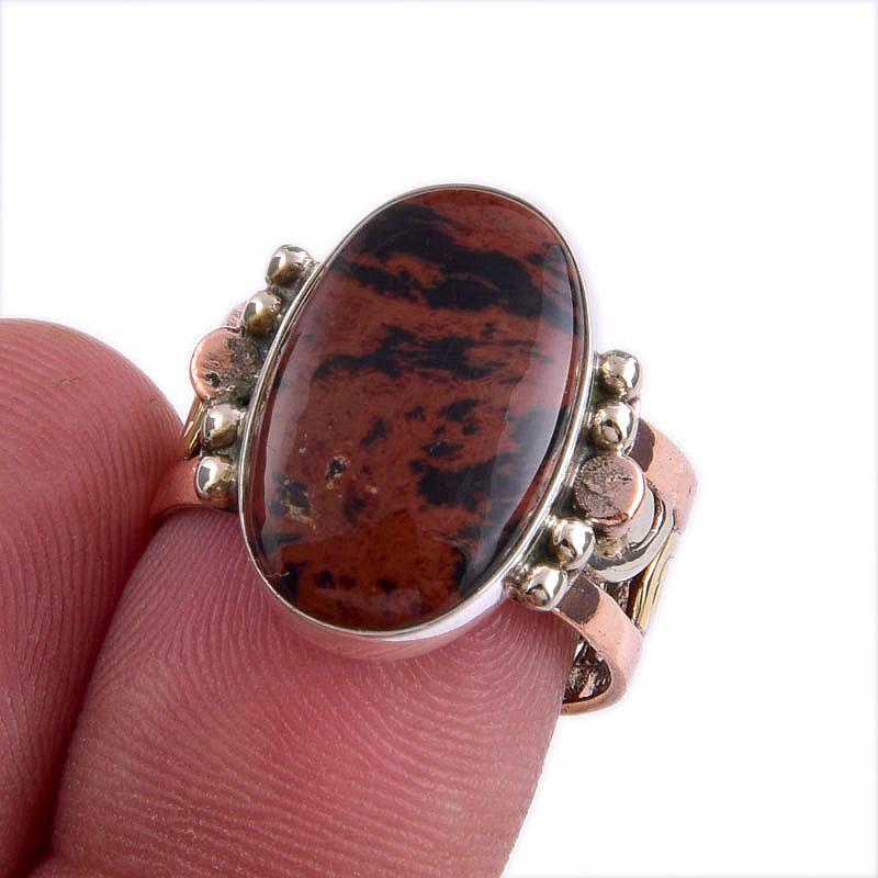 Natural Mahogany Red Obsidian Gemstone TwoTone 925 Sterling Silver Ring S.7 U2g48