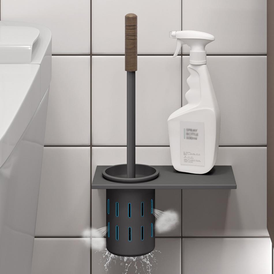 Walnut Toilet Brush Holder Set Wood Handle Wall Mounted Grey Gold Black White Aluminum Cup WC Brush Rack Kit with Storage Shelf
