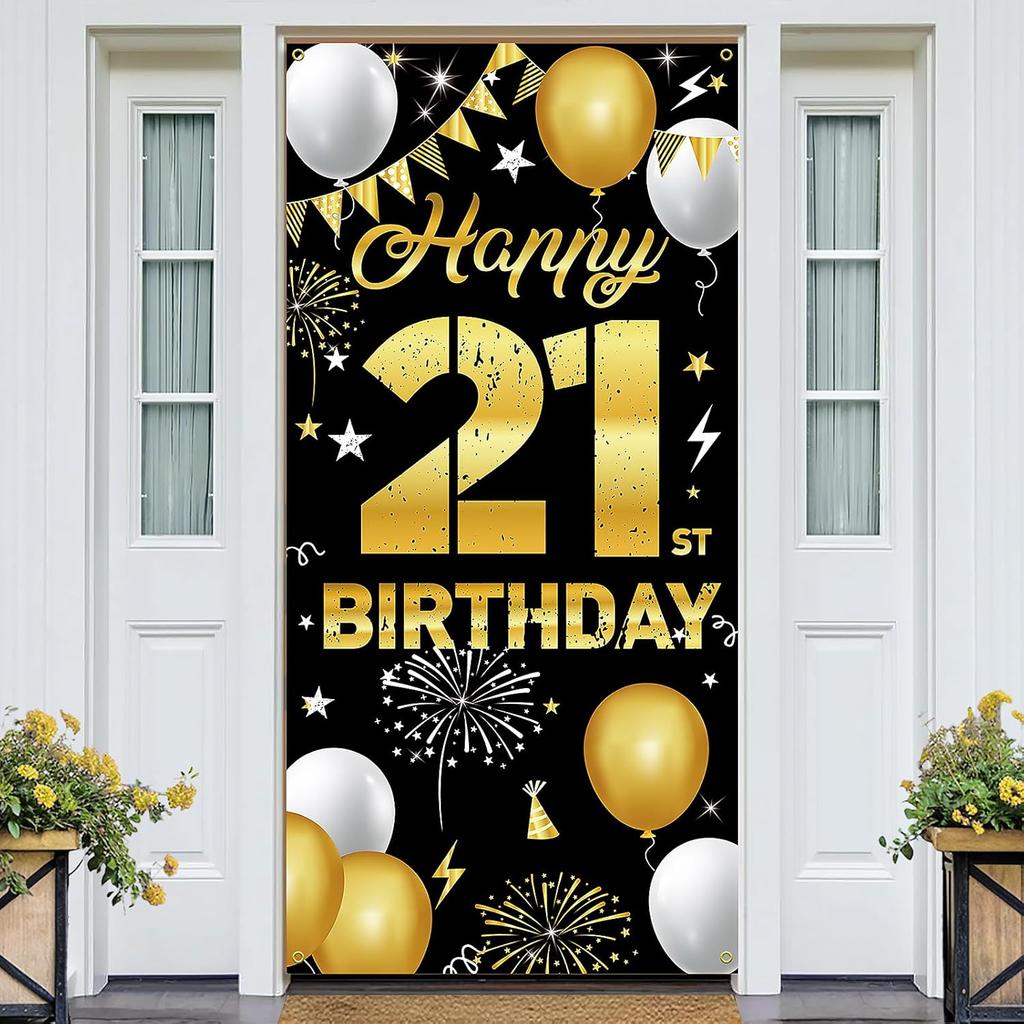 Happy 21st Birthday Decorations for Him & Her – Black and Gold 21st Birthday Banner Backdrop, Yard Sign, Photo Props, Door Background Party Décor