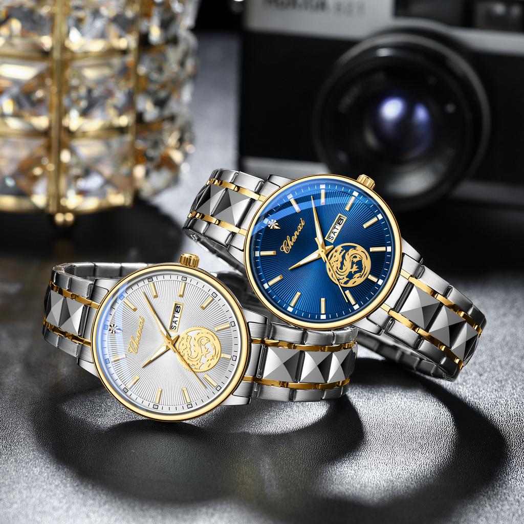 Chenxi Luxury Watch Men Golden Dragon Pattern Stainless Steel Fashion Quartz Wristwatches Curved Mirror Watches For Men Business