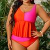 2025 однотонный лоскутный купальник из 2 предметов большого размера танкини для женщин с завязками и высокой талией, пышный купальник для леди, пляжный большой купальный костюм
