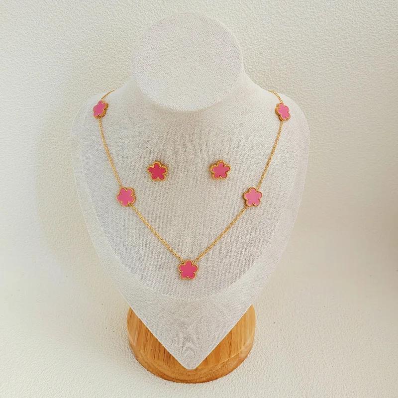 Двусторонний кулон в виде растения и цветка, серьги с цирконами, набор для женщин, нержавеющая сталь, водонепроницаемый, цирконы в виде клевера, подарки