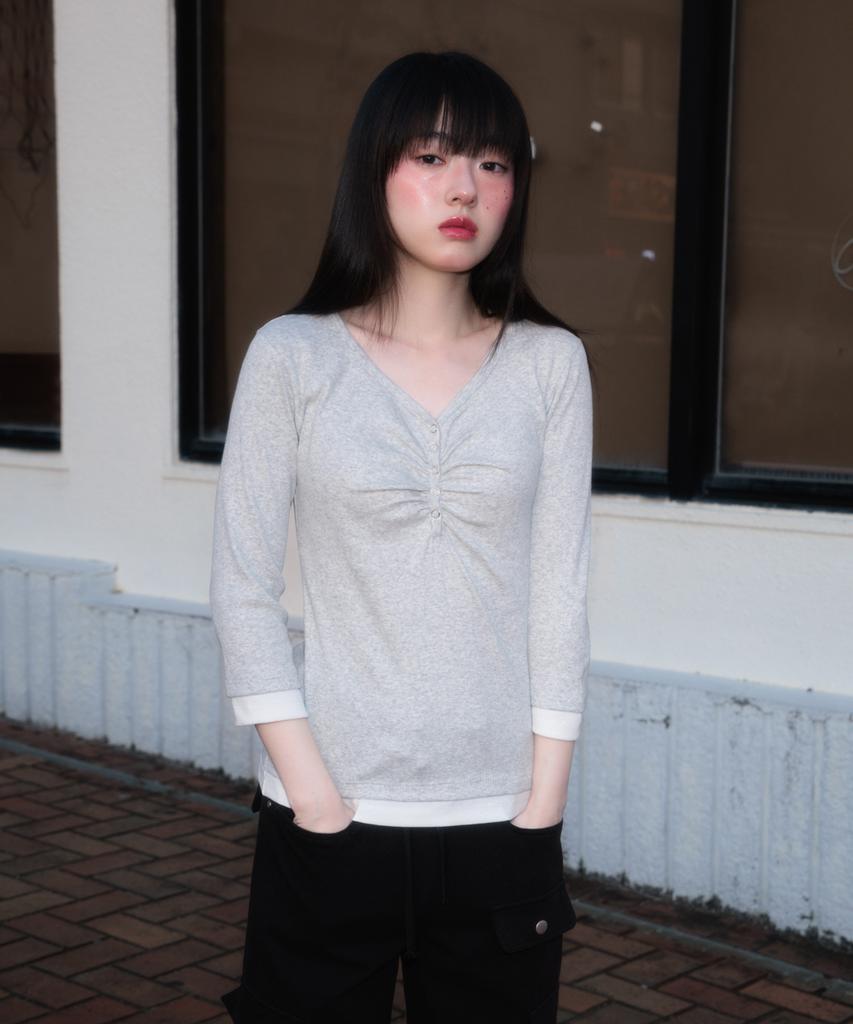 ROSEFRANTZ Shirring Button Layered Long Sleeve [White Melange]