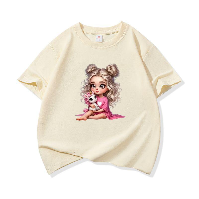 Kids Cotton T Shirt Cute Girl Sitting With Unicorn Print Crew Neck Short Sleeve Tee Casual Boys Girls Summer Tops