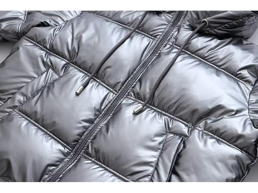 Женская серебристая атласная куртка с капюшоном 2023 года - европейско-американский стиль осень/зима