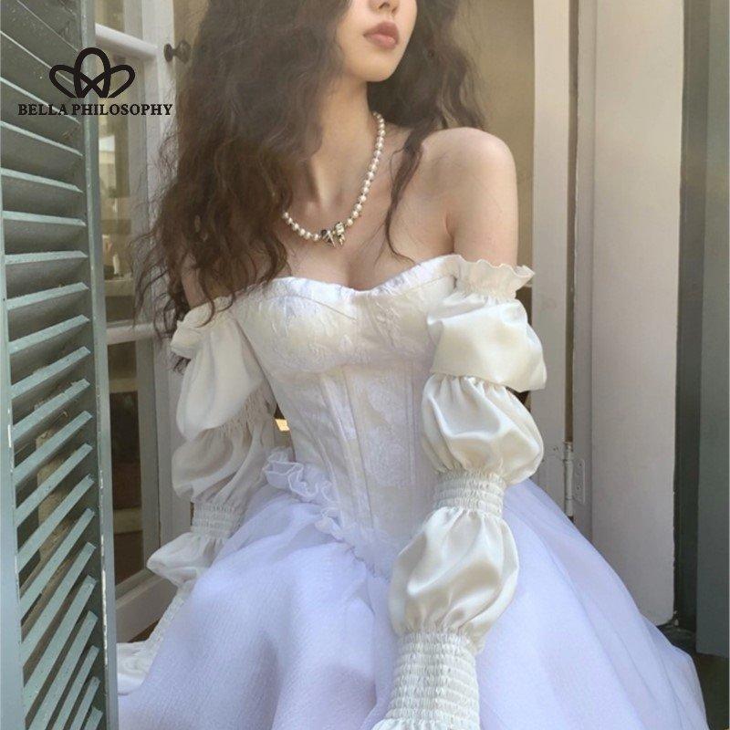 Весеннее элегантное белое платье феи с открытыми плечами, женское шикарное пышное платье принцессы, сетчатое пышное платье