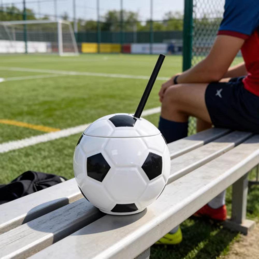 450 ML Football Theme Water Cup with Straw and Lid Ball Shape Straw Cup Beach