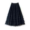Women Cake Skirt Solid Color Mid-Waist Long Skirt with Elastic Waist Mesh