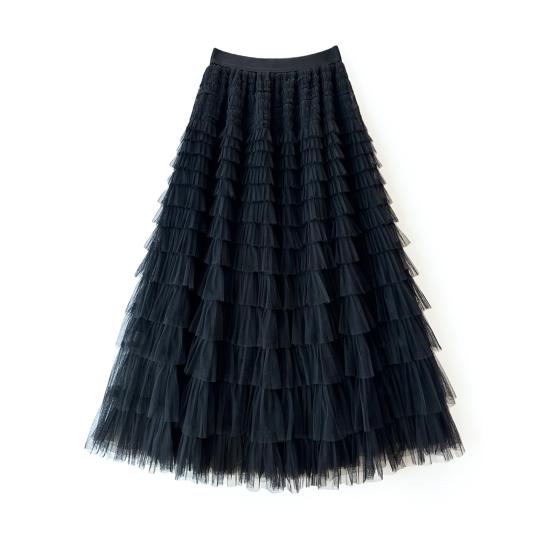 Women Cake Skirt Solid Color Mid-Waist Long Skirt with Elastic Waist Mesh