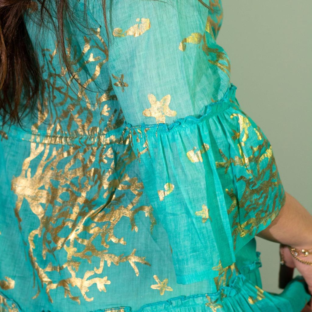 Coral Print Dress Turquoise Gold Nomad