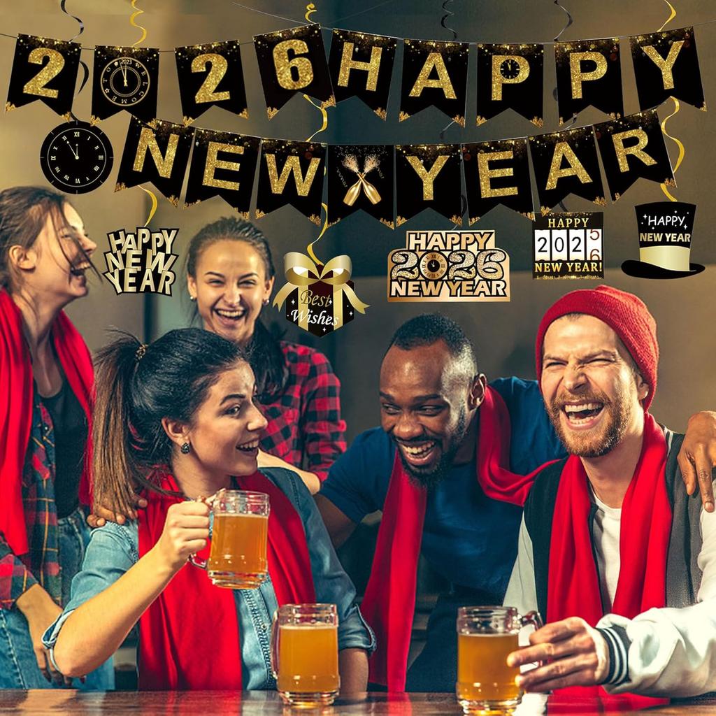 Lucleag 6Pcs New Year Hanging Swirls Decorations & Happy New Year 2026 Banner, Black Gold Hanging Decorations Banner for Ceiling Wall 2026 New Years