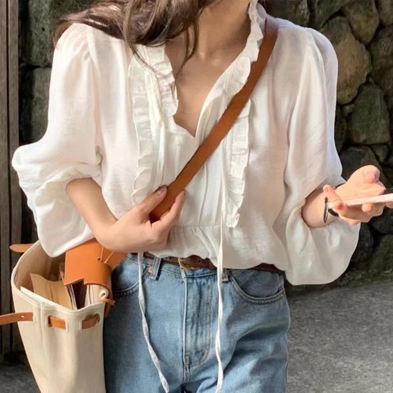 Long Sleeved And Summer Spring Ruffled Shirt Vneck Strap Loose Bubble Sleeves Womens Shirts