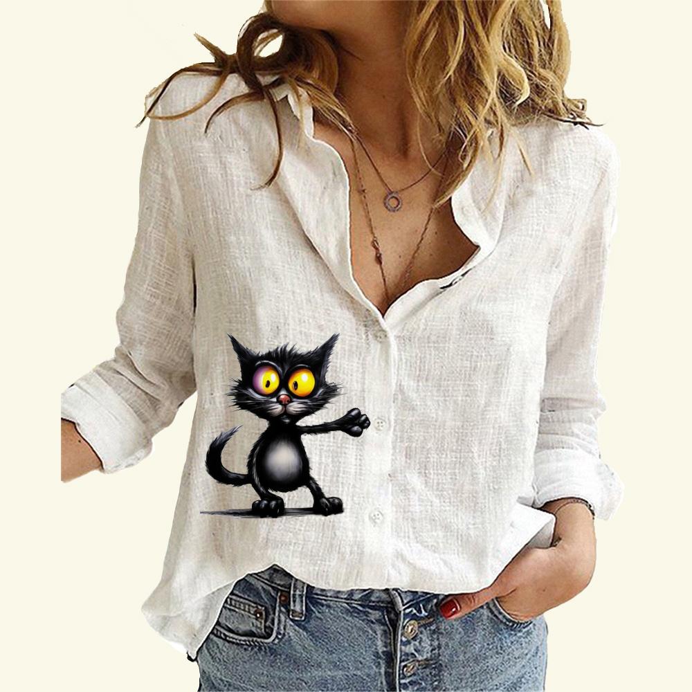 Женская мода хлопок льняная рубашка с принтом кота топ с длинным рукавом женская повседневная блузка на пуговицах