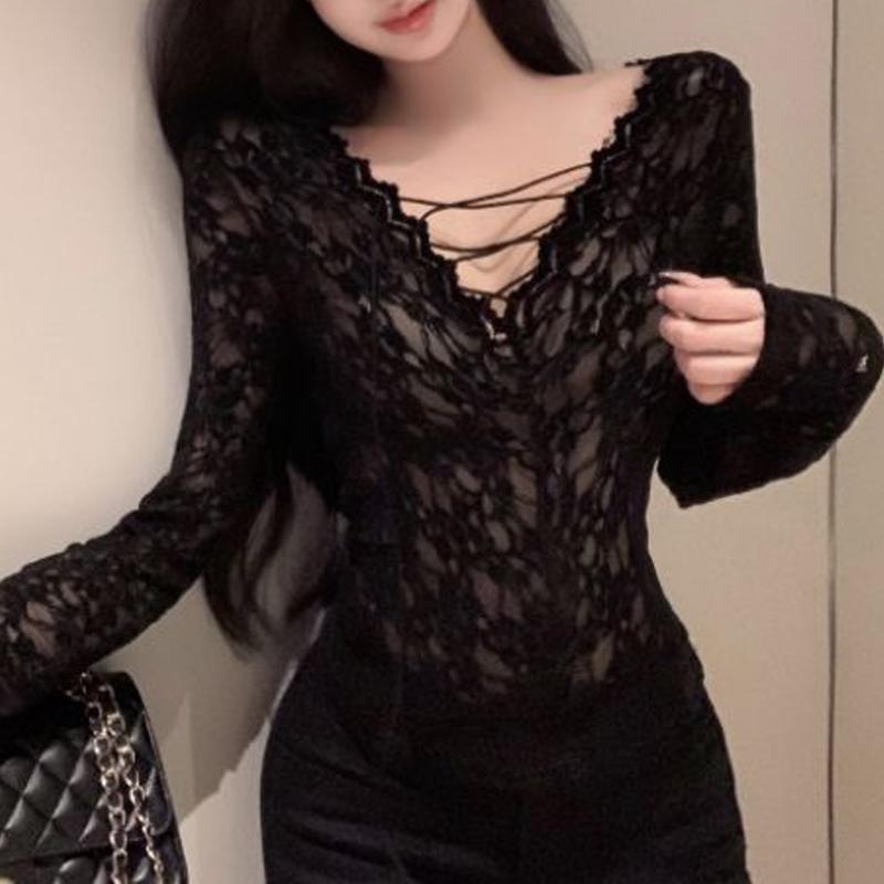 Women Clothing Sexy Hollow Lace Bandage Deep V Neck Basic T Shirt Korean Female Sweet Black Long Sleeve Skinny Club Cropped Tops