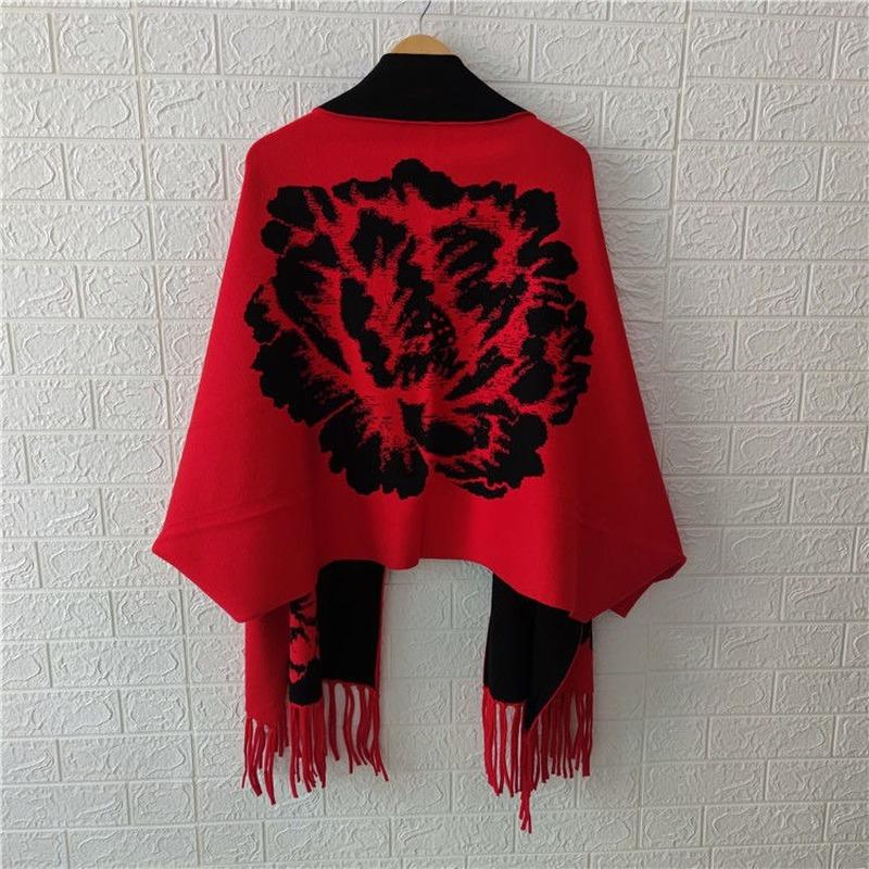 Женское пончо 2022, осенне-зимний шарф из искусственного кашемира с пионом и бахромой, двусторонняя теплая накидка с длинными рукавами, женский топ