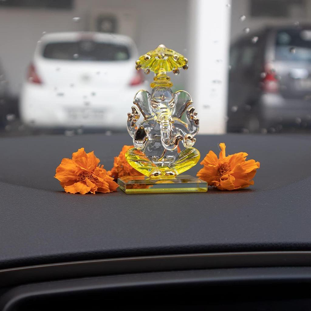 God Ganesh Sitting with Chakra Statue (Murti) Idol Showpiece Handmade of Crystal Glass by for Worship, Decoration