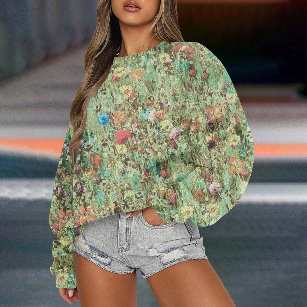 Women's Casual Fashion Retro Floral Print Long Sleeved Knitted Sportswear Top Loose Fit