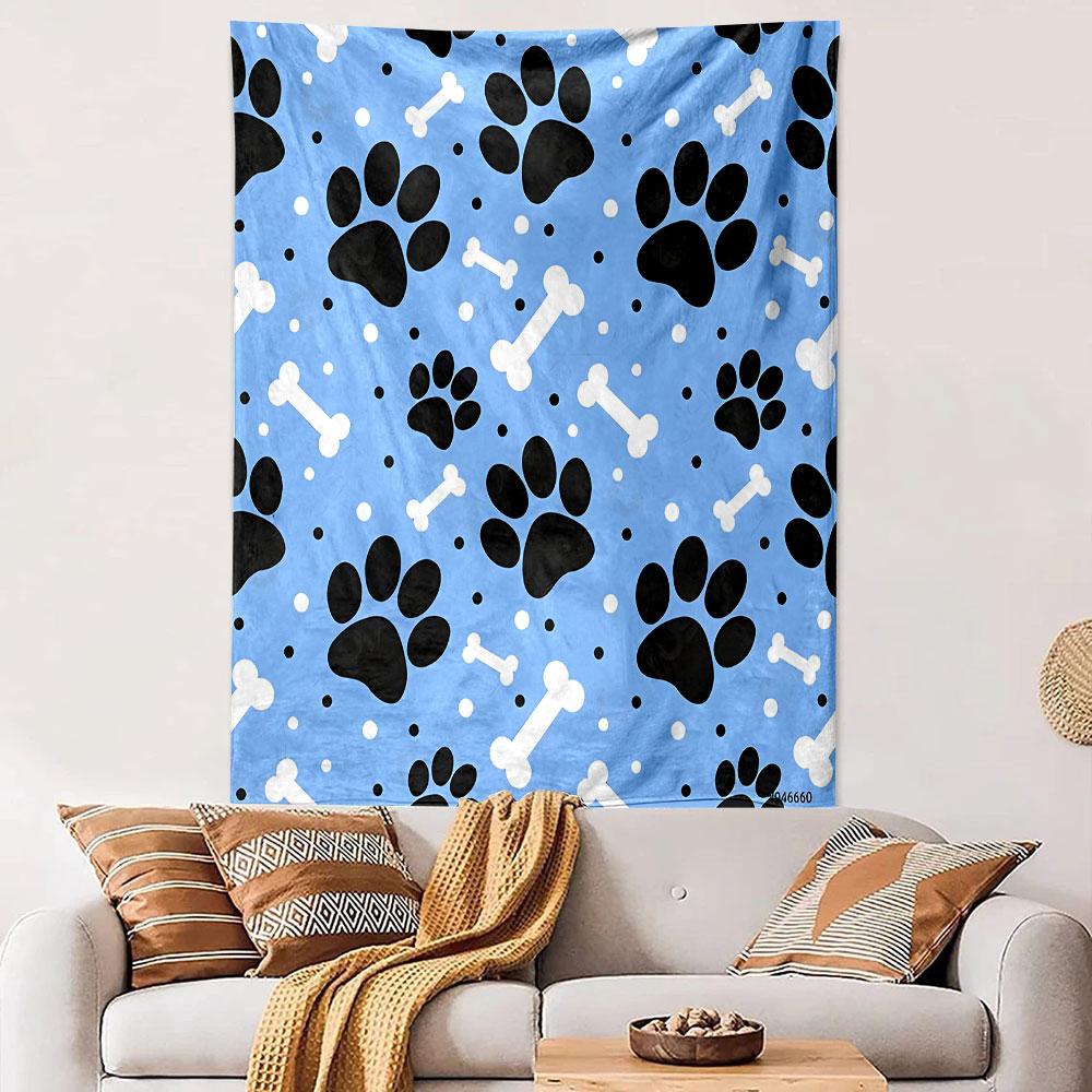 Blue Background with Paws and Bones Patterned Tapestry Decorative Wall Hanging, Home Bedroom Living Room Decor