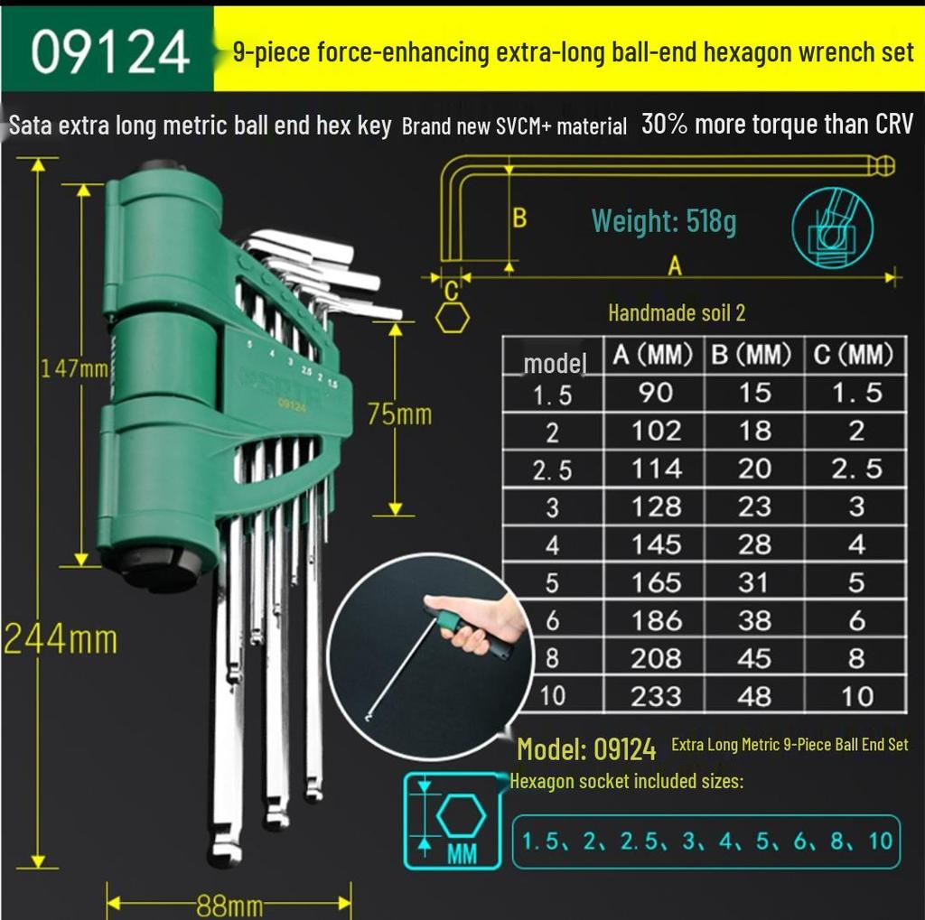 Набор шестигранных ключей - Мини, Удлиненные, Шарообразная и Плоская головка, Доступны в 7, 8, 9, 10, 14 штук (Модель 09105)